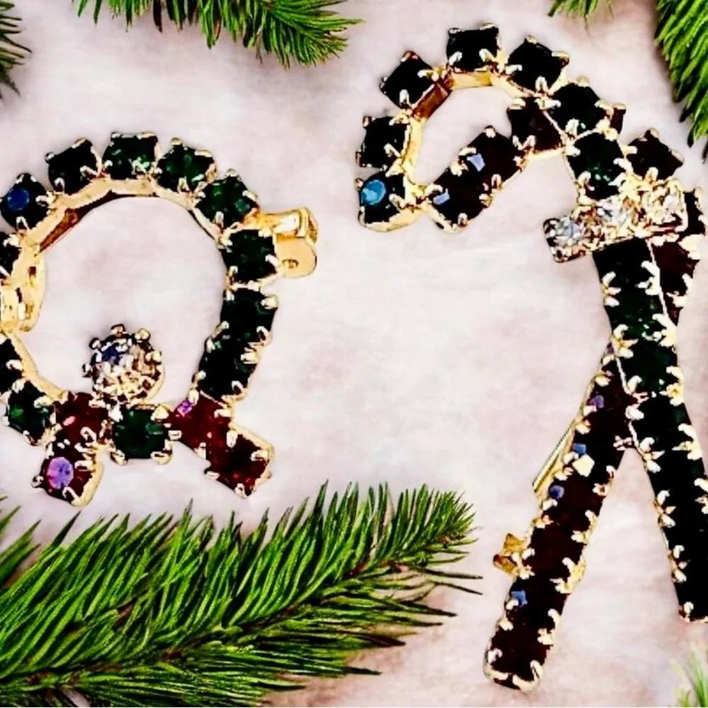 Vintage Christmas Brooch CANDY CANE + WREATH Rhinestones 2 Pins